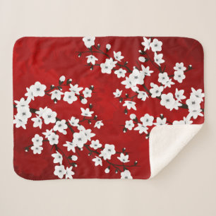 Couverture Sherpa Asie Floral blanc cerisier rouge