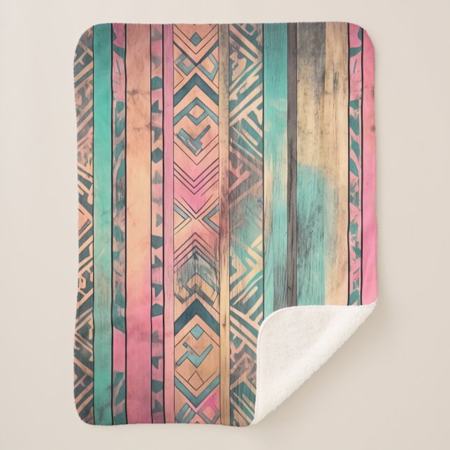 Couverture Sherpa Aztec Sud-Ouest Bleu Et Tribal Rose (Devant)