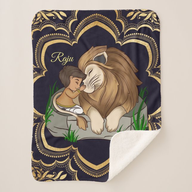 Couverture Sherpa Baby boy and lion on on a black mandala background (Devant)