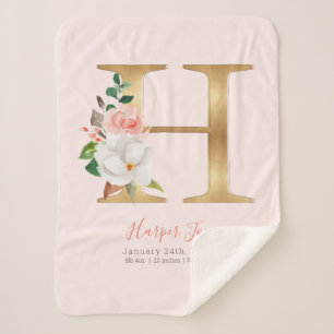 Couverture Sherpa Baby Girl rose & gold naissances stats - Lettre H 
