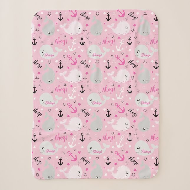 Couverture Sherpa Baleines Ancres nautiques Soft rose Girl Baby Nurs (Devant)