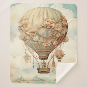 Couverture Sherpa Ballon à air chaud vintage Steampunk Floral Blue (