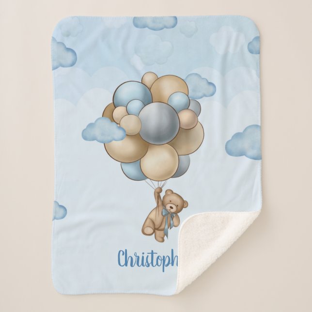 Couverture Sherpa Ballons beiges bleu brun brun en teddy personnalis (Devant)