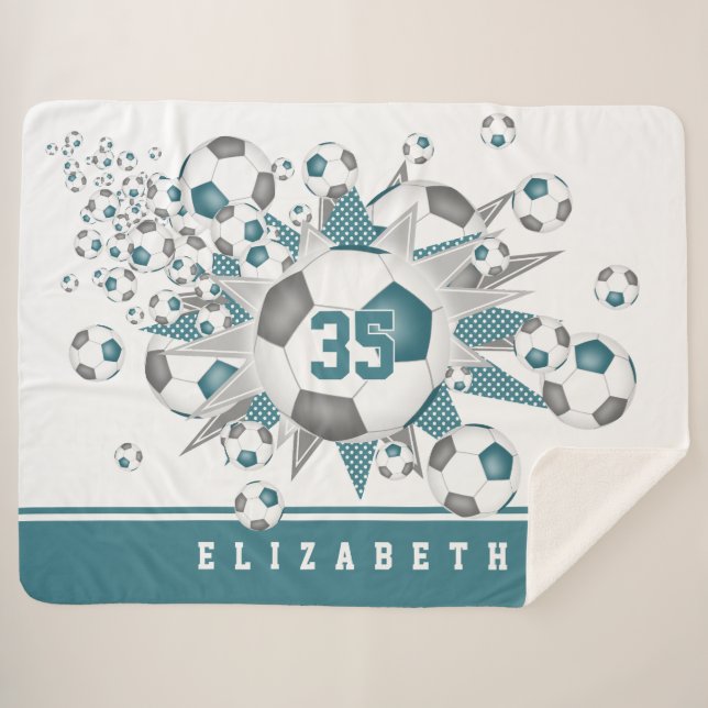 Couverture Sherpa Ballons de football gris turquoise étoiles filles  (Devant (Horizontal))