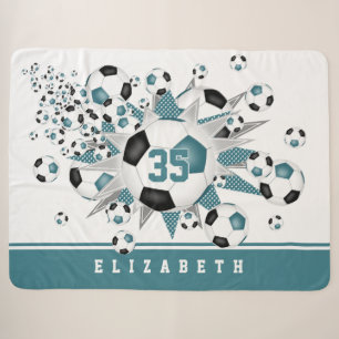 Couverture Sherpa Ballons de football noir turquoise étoiles filles 