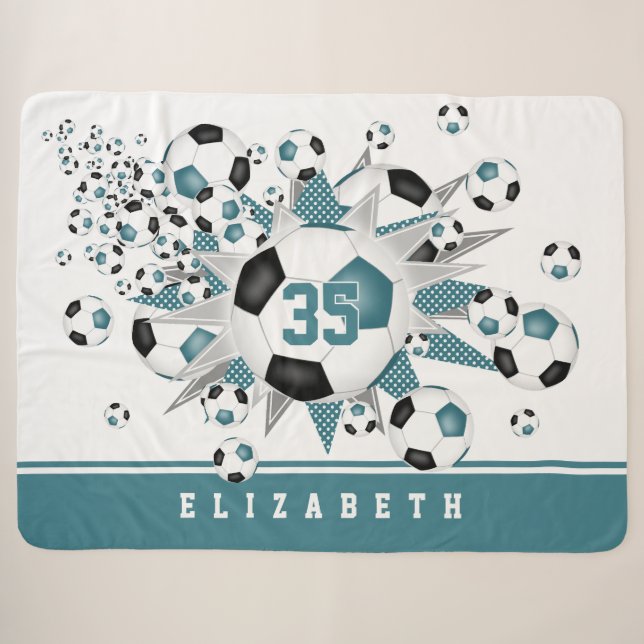 Couverture Sherpa Ballons de football noir turquoise étoiles filles  (Devant (Horizontal))