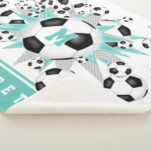 Couverture Sherpa ballons de football turquoise clair étoiles filles