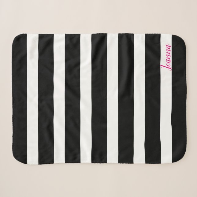 Couverture Sherpa Bandes Noires Et Blanches Monogrammes Rose (Devant (Horizontal))