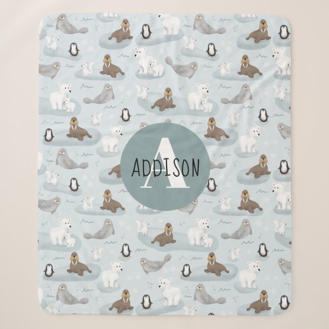Couverture Sherpa Beau hiver Animaux arctiques Monogrammes Enfants (Devant)