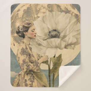 Couverture Sherpa Beauté Lune - Femme avec Fleur Blanche et Lune