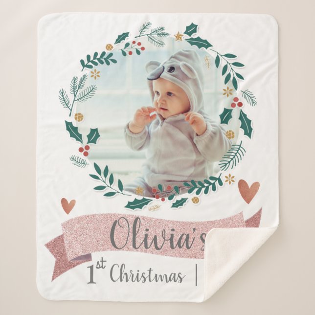 Couverture Sherpa Bébé mignon photo premier Noël rose Coeur couronne (Devant)
