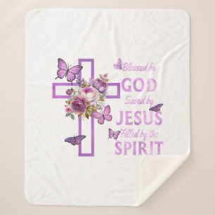 Couverture Sherpa Béni par Dieu sauvé par Jésus Croix Florale pourpr