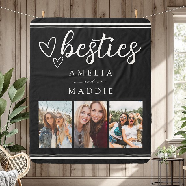 Couverture Sherpa Besoins tirés à la main Collage photo noir et blan (Hand Drawn Besties 3 Photo Collage Black and White Sherpa Blanket)