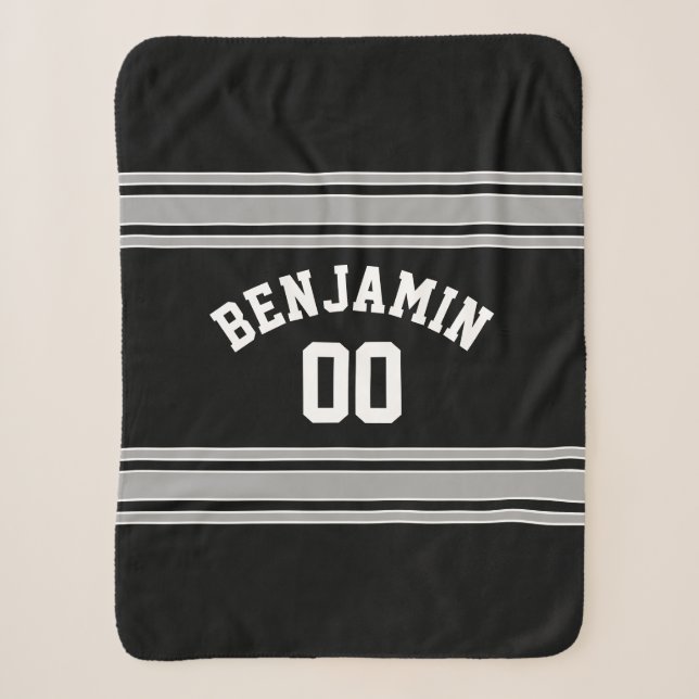 Couverture Sherpa Black and Silver Sports Jersey Nom personnalisé Nu (Devant)