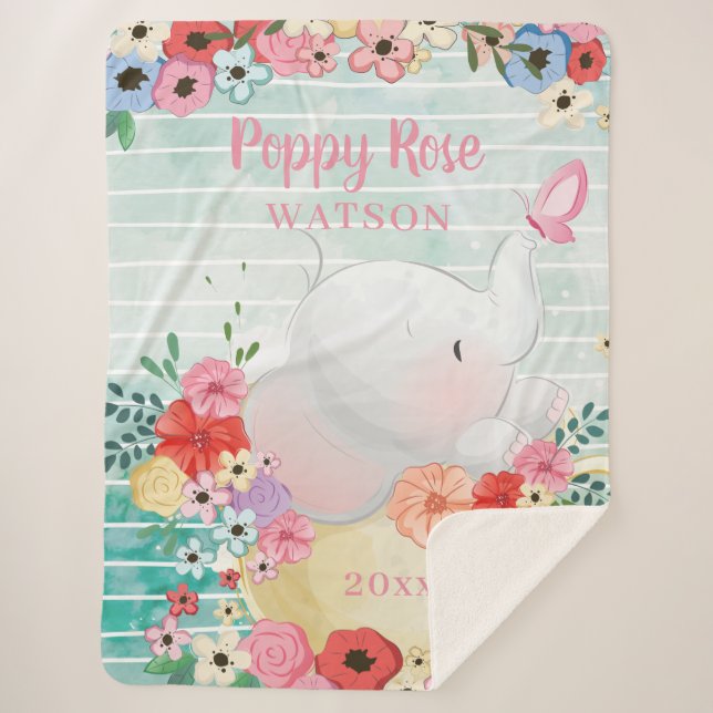 Couverture Sherpa Blanche Sherpa Elephant avec Fleurs + Nom personna (Devant)