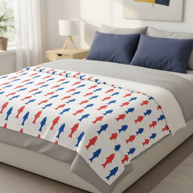 Couverture Sherpa Blanket with red and blue fish, nautical design (Créateur téléchargé)