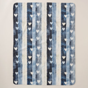 Couverture Sherpa Bleu Blanc Denim Coeur rayures