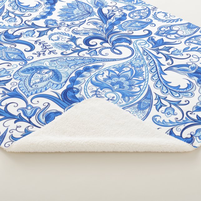 Couverture Sherpa Bleu Bleu Blanc Floral Paisley Art Motif (3/4)