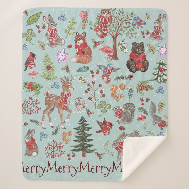Couverture Sherpa Bleu boisé animal hiver neige Noël de l'enfant (Devant)