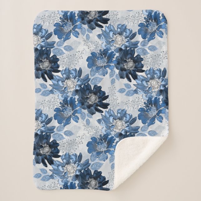 Couverture Sherpa Bleu clair, fleurs bleu foncé sur gris clair (Devant)
