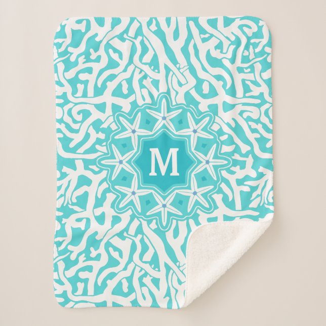 Couverture Sherpa Bleu d'Aqua du monogramme | d'étoiles de mer (Devant)