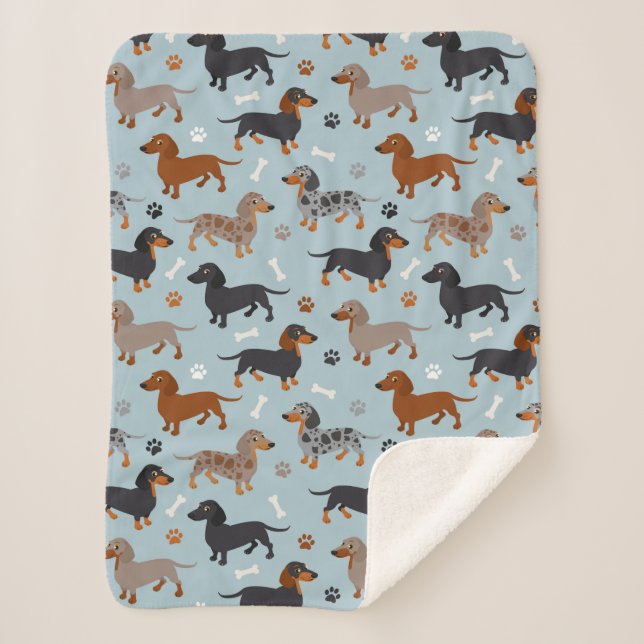 Couverture Sherpa Bleu de motif de pattes et d'os de teckel (Devant)