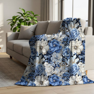 Couverture Sherpa Bleu Élégant Blanc Ivoire Floral Douillet Doux Mol