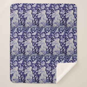 Couverture Sherpa Bleu et blanc Lapin Oiseau Bunny Floral Chinoiseri