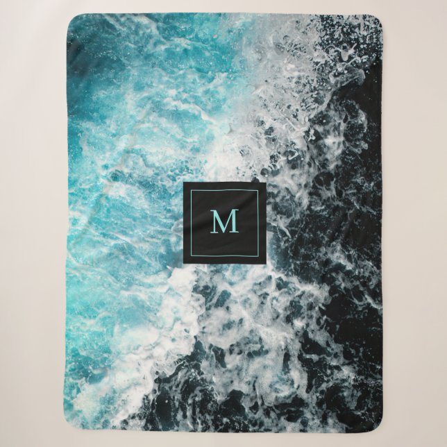 Couverture Sherpa Blue Black Ocean Waves Hawaii Monogramme (Devant)