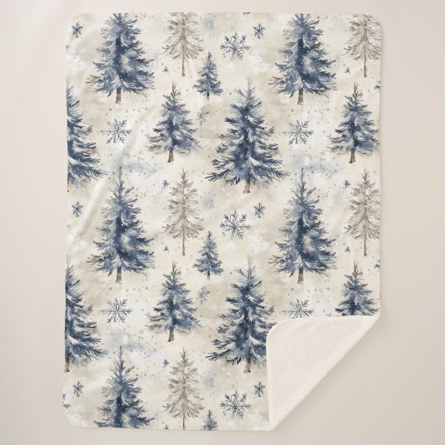 Couverture Sherpa Blue Cream Christmas Trees Snowflakes (Devant)