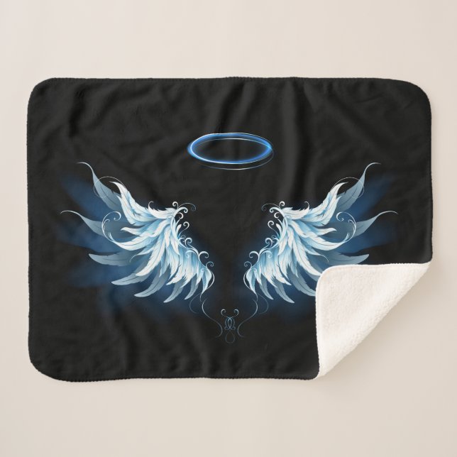 Couverture Sherpa Blue Glowing Angel Wings on black background (Devant (Horizontal))