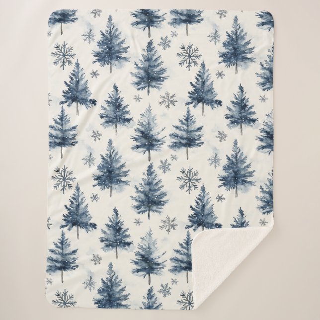 Couverture Sherpa Blue White Christmas Trees Snowflakes (Devant)