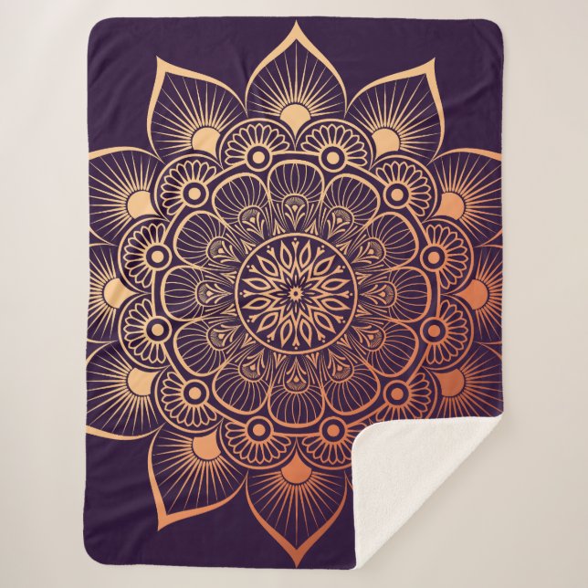 Couverture Sherpa Bohème foncé violet pêche Mandala (Devant)