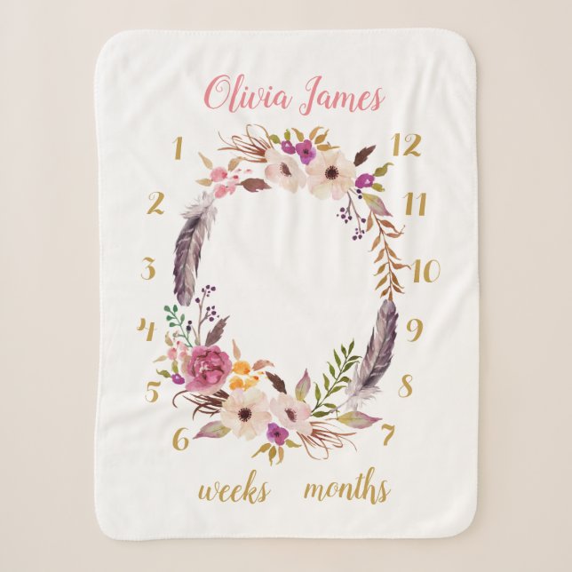 Couverture Sherpa Boho Floral Baby Milestone mensuelle Sherpa Blanke (Devant)