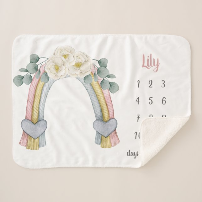 Couverture Sherpa Boho Floral Fiber arc-en-ciel Milestone Baby (Devant (Horizontal))