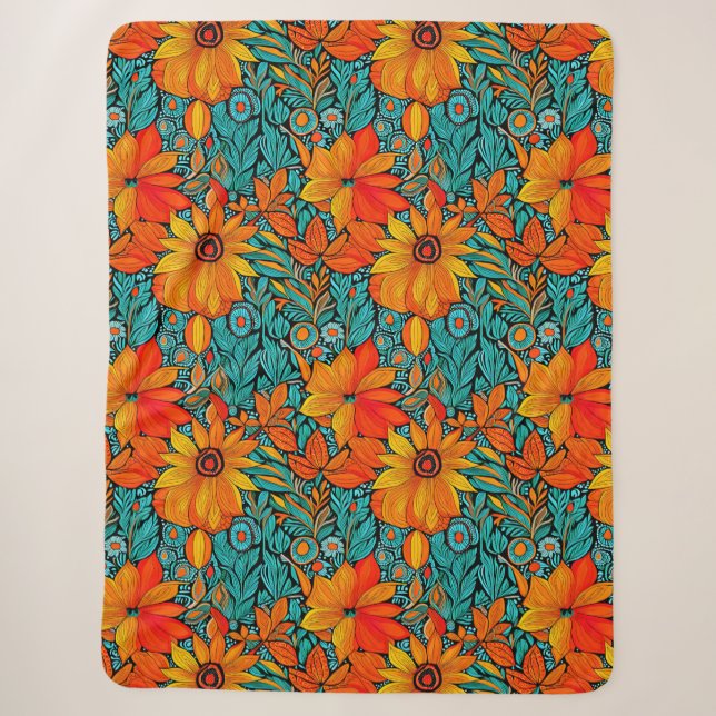 Couverture Sherpa Boho Flowers bleu et orange (Devant)