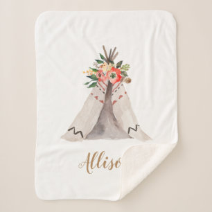 Couverture Sherpa Boho Teepee Baby Girl Monogramme Sherpa Blanket