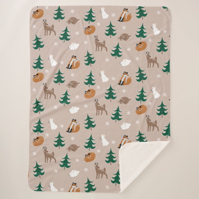 Couverture Sherpa Bois Animaux Motifs Neige Arbres couverts Brown (Devant)