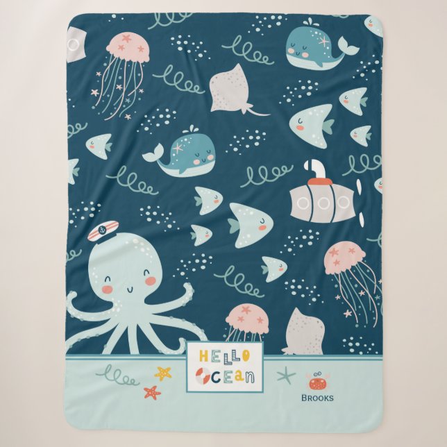 Couverture Sherpa Bonjour Ocean Octopus et Poisson Nautique Blue Kid (Devant)