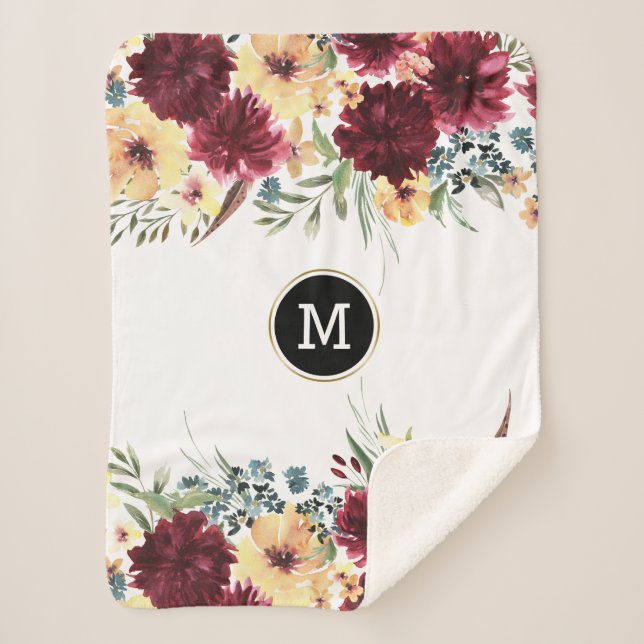Couverture Sherpa Bordure de fleurs de jardin Rouge profond et jaune (Devant)