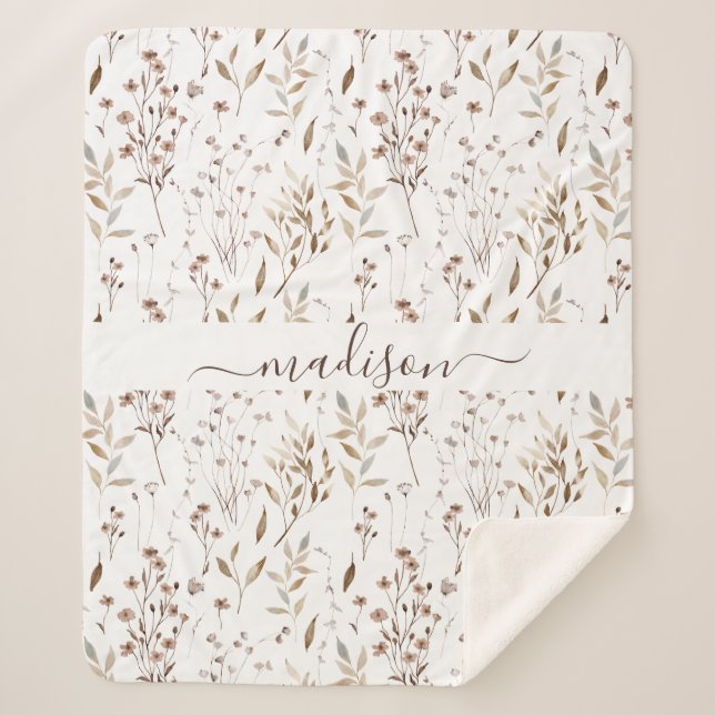 Couverture Sherpa Botanique Brown d'hiver monogramme séchée (Devant)