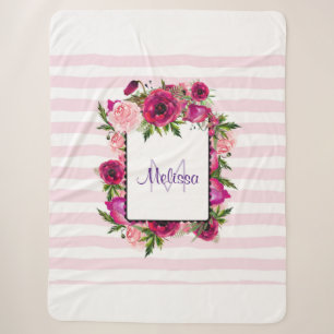 Couverture Sherpa Bouquet de fleurs roses et coquelicots sur bandes 