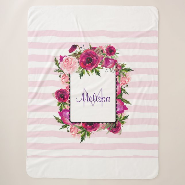 Couverture Sherpa Bouquet de fleurs roses et coquelicots sur bandes  (Devant)