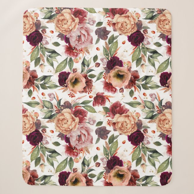 Couverture Sherpa Bourgogne Rouge Orange Fleurs Chute Motif Botaniqu (Devant)