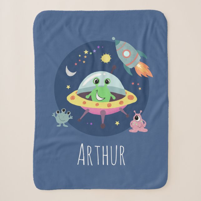 Couverture Sherpa Boys Cute Space Alien Cartoon Rocket & Nom Enfants (Devant)