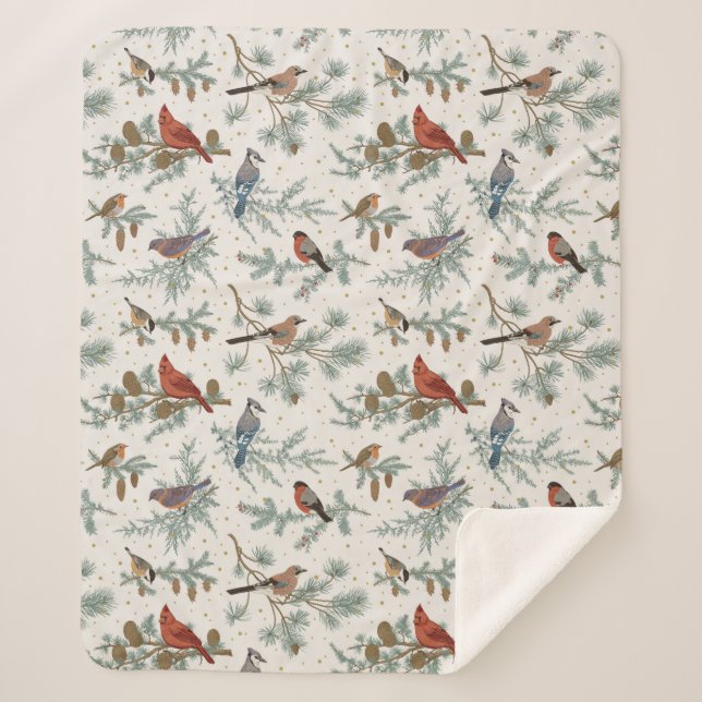 Couverture Sherpa Branches d'oiseaux et de pins d'hiver Motif (Devant)