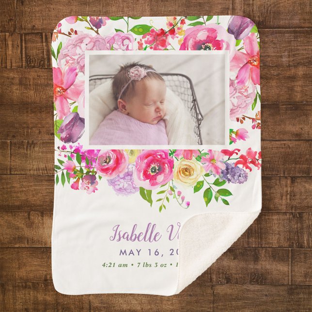 Couverture Sherpa Bright Blooms Baby Girl Birth Stat Photo (Créateur téléchargé)