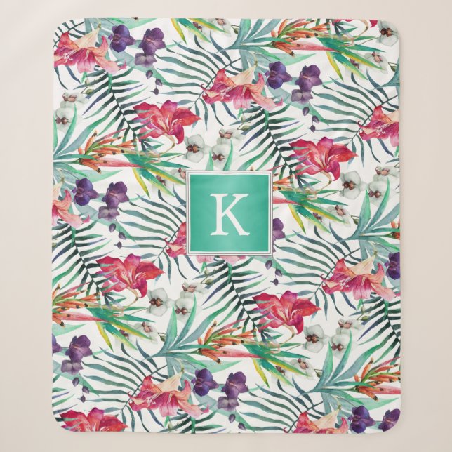 Couverture Sherpa Bright Tropical Floral avec Monogramme (Devant)