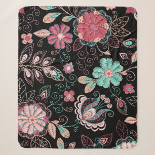 Couverture Sherpa Broderie florale vintage Motif foncé