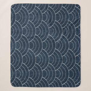 Couverture Sherpa Broderie Sashiko : Indigo Motif japonais.